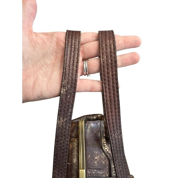 Patricia Nash Distressed Brown Leather Satchel Gold Metallic Frame Shoulder Bag - Picture 7 of 9